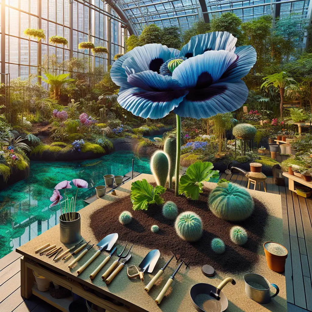 A vibrant scene inside a well-lit room focusing on the cultivation of the unusual and enchanting plant known as the Himalayan Blue Poppy. Visualize a large, highly-detailed, deep blue poppy blooming brilliantly against the backdrop of a meticulous indoor garden setup without any human presence. The garden should have some sparse but healthy green foliage and carefully set-up soil beds. There should be a variety of non-specific gardening tools placed neatly nearby, such as trowels, watering cans, a pruner etc. Avoid showing any text, brand names or logos in the image.