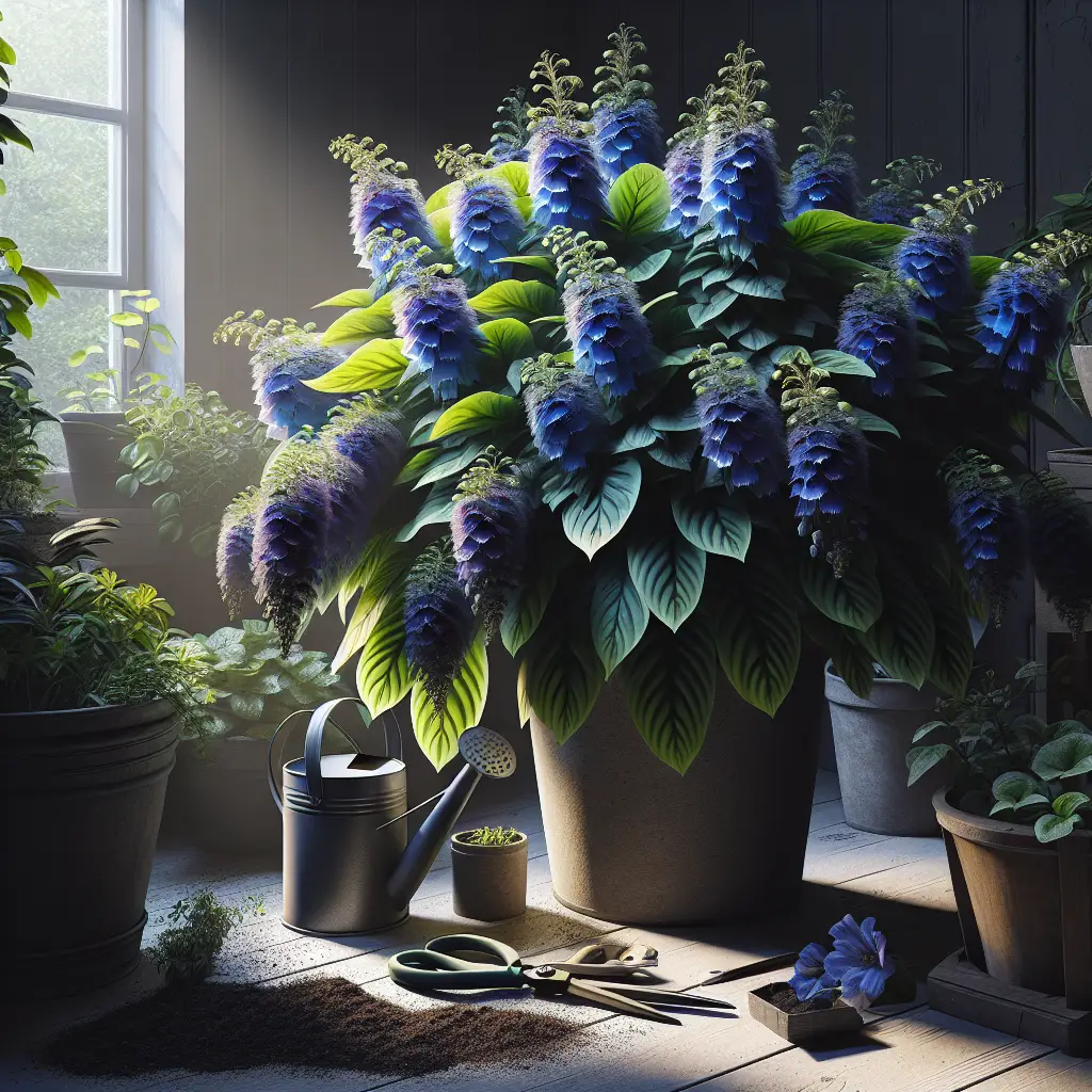 An indoor garden scene featuring a mature Jacob's Ladder plant. The plant boasts a vibrant cluster of deep blue or violet bell-shaped flowers, their rich, eye-catching colors highlighted by the soft, directional sunlight filtering through a nearby window. Broad, feather-like leaves in a cascade of lush green provide a striking contrast to the flowers. Close by, gardening essentials like a small, brand-free watering can, a generic pair of pruning shears and a pot of nutrient-rich soil exemplify the care involved in maintaining such a plant. The absence of human figures underscores the tranquility of this scene.