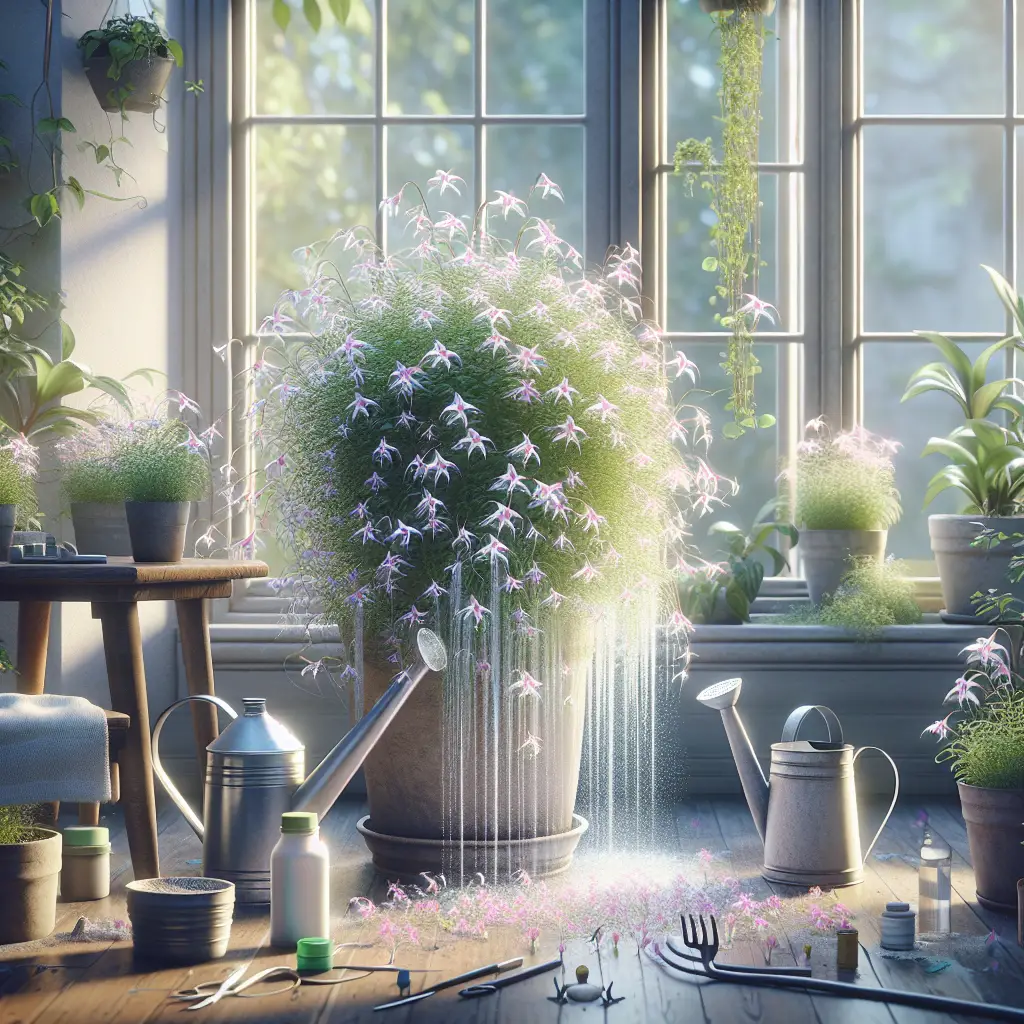 Create an image that depicts the process of nurturing an indoor lobelia plant without using any symbols, text, brand names, or human figures. The visual should emphasize the delicate cascades of the plant's flowers. The environment can include plant care tools like watering cans and fertilizers, the pot the lobelia is sitting in, a window with sunlight streaming in, and a background that suggests a well-appointed indoors. Do not include any text within the image, not even on items within the scene. Make sure that there are absolutely no brand names or logos visible anywhere within the image.