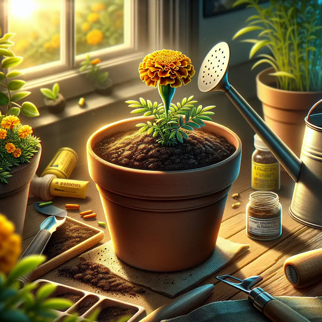 A detailed and vibrant indoor scene focusing on the process of growing a marigold. The scene should start by featuring a small clay pot filled with rich, dark soil. Within the soil, a tiny marigold sprout is emerging. Surrounding the pot, there should be key gardening tools such as a watering can, a hand trowel, and a small bag of fertilizer. There should also be a healthy, fully grown marigold plant basking in the sunlight from a nearby window, filling the indoor scene with vibrant yellows and oranges. The scene should not have any text, people, brand names, or logos.