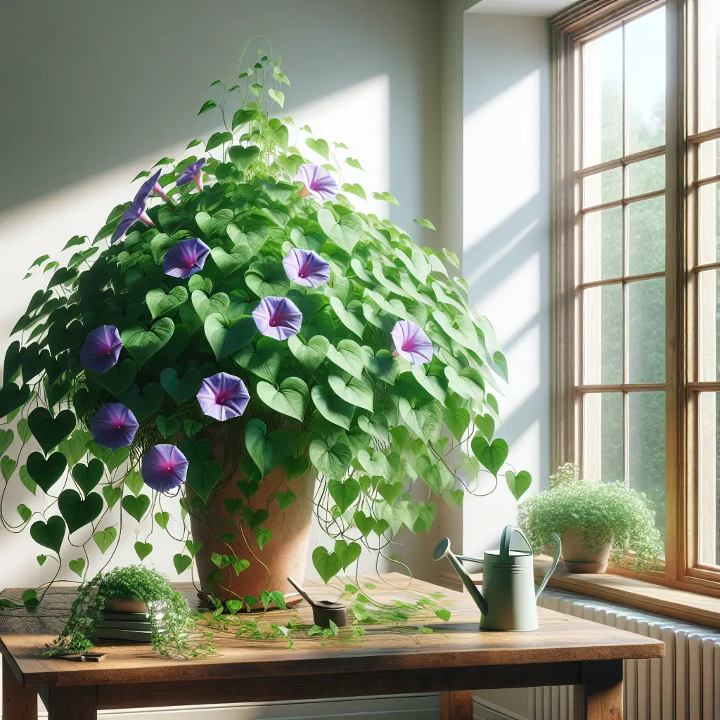 An image portraying a serene indoor setting, with fresh morning light streaming through a large window. Dominating the scene is a flourishing Ipomoea or Morning Glory plant, whose twining vines and broad heart-shaped leaves create an intimate, green atmosphere. The vibrant purple flowers, symbolic of the Morning Glory, contrast beautifully with the bright, sunlit room and the simple, non-branded terra cotta pots they're grown in. Complementary elements include a minimalist wooden table, a watering can nearby suggesting care and nurturing, but devoid of any text or brand representations.