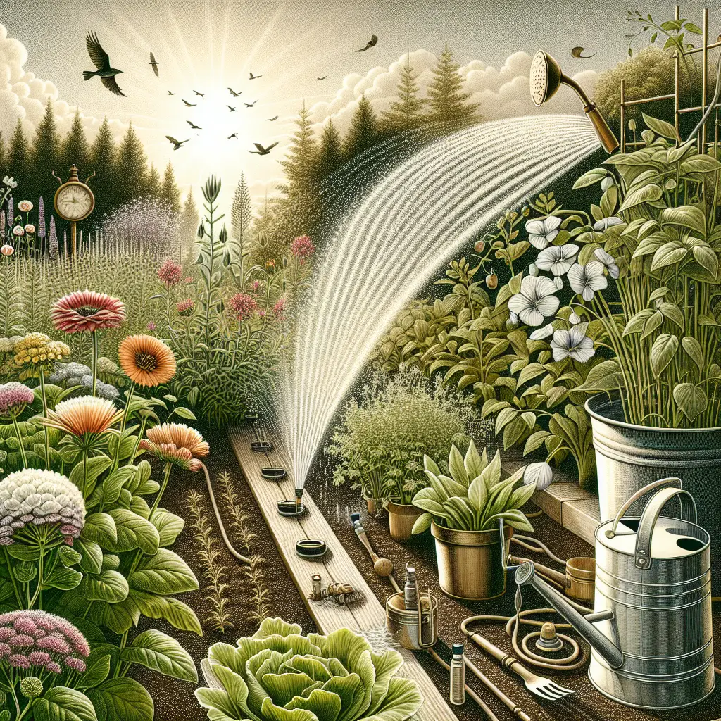 A detailed scene of a lush garden, depicting different types of garden plants - flowers, herbs, and vegetables - at different growth stages. There is a water sprinkler spurting water in gentle arcs, a watering can placed next to a pot of blooming flowers, a hand-held watering device with a long spout aiming at some herbs. Also feature an irrigation system with small holes releasing water directly into the soil for the vegetables. The sun is shimmering in the sky, casting long shadows on the garden, suggesting early morning or late afternoon. The sky is clear with fluffy clouds. The image does not contain people, text, or brand names.