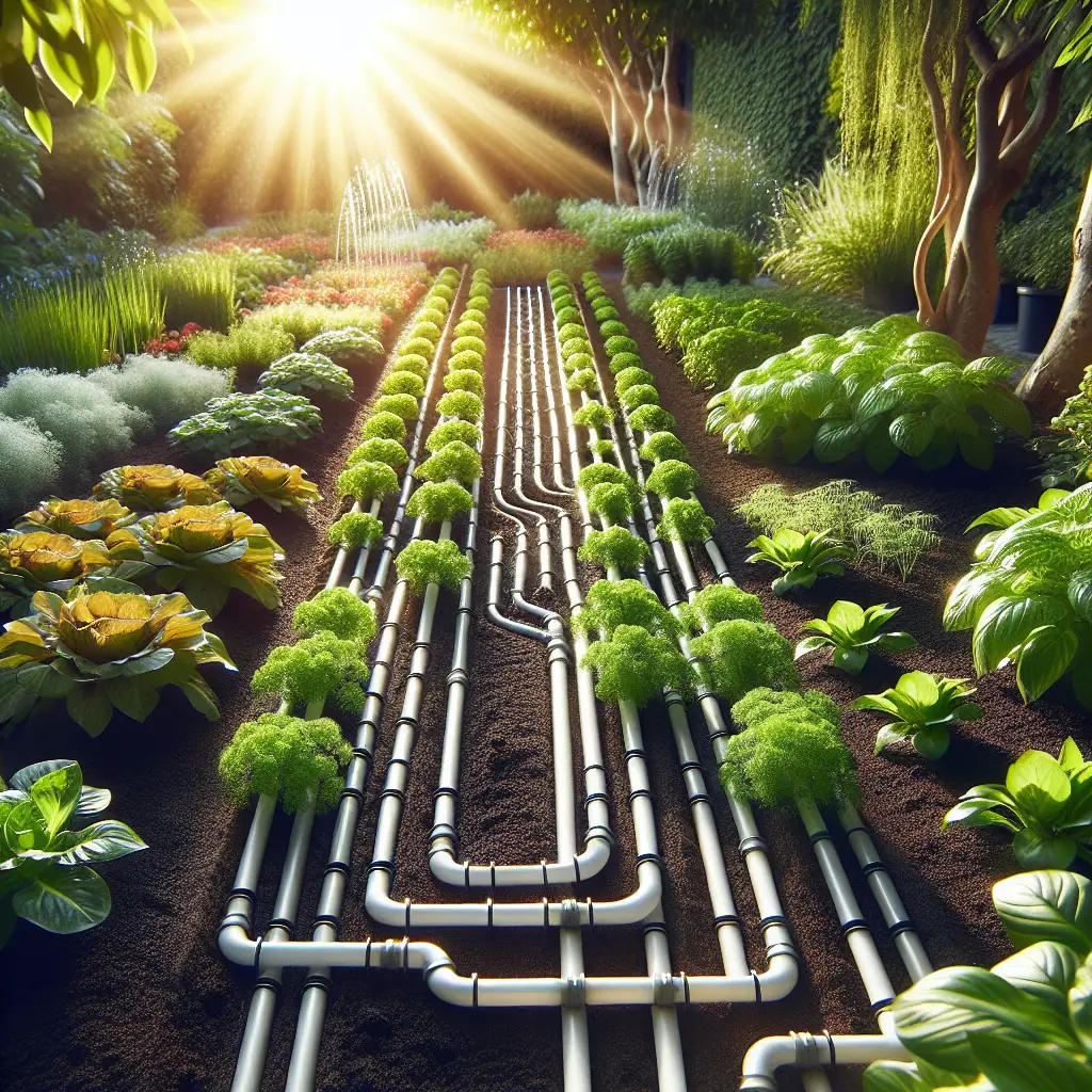 A beautifully organized garden, basking in the midday sun, with robust and vibrant plants thriving in the soil. The hero of this image is the sophisticated arrangement of tubes meandering between each row of plants. This tube network, also known as a drip irrigation system, drops water directly at the plant's root zone, minimizing wastage. The concept of efficient watering is illustrated by the freshly moistened soil, signifying the recent operation of the irrigation system. Note: ensure there are no logos, brand names or people present in this tranquil, thriving garden scene.