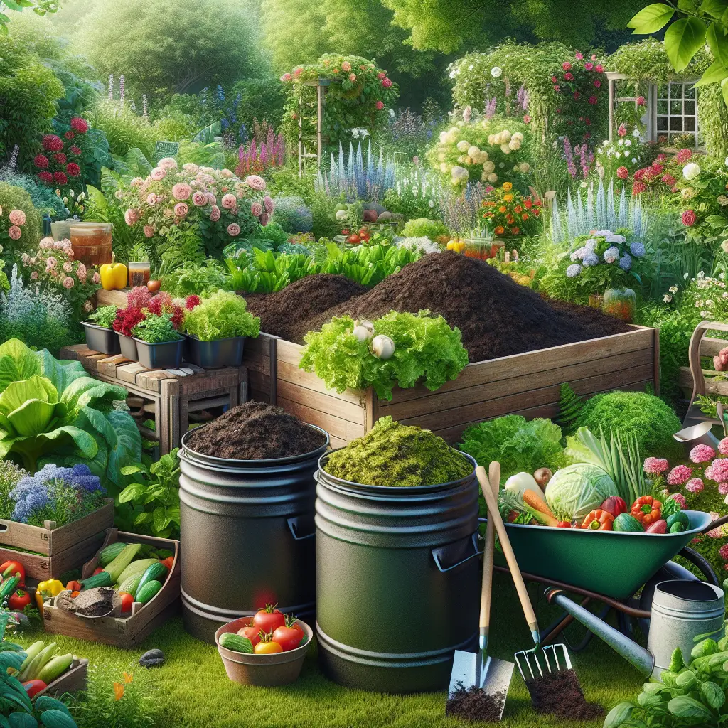 A lush, verdant garden filled with a variety of blooming flowers and abundant vegetables. Compost bins are positioned on one side, filled with decomposing green waste. Nearby, a wheelbarrow carries a pile of rich, dark earth, implying a mix of organic fertilizers. An assortment of gardening tools like trowels, rakes, and watering cans are scattered around, evidencing the gardening work. In the background, a raised garden bed supports vibrant tomato plants, lettuce heads, and other edibles, showcasing the wonderful effects of all-natural, organic fertilizing.