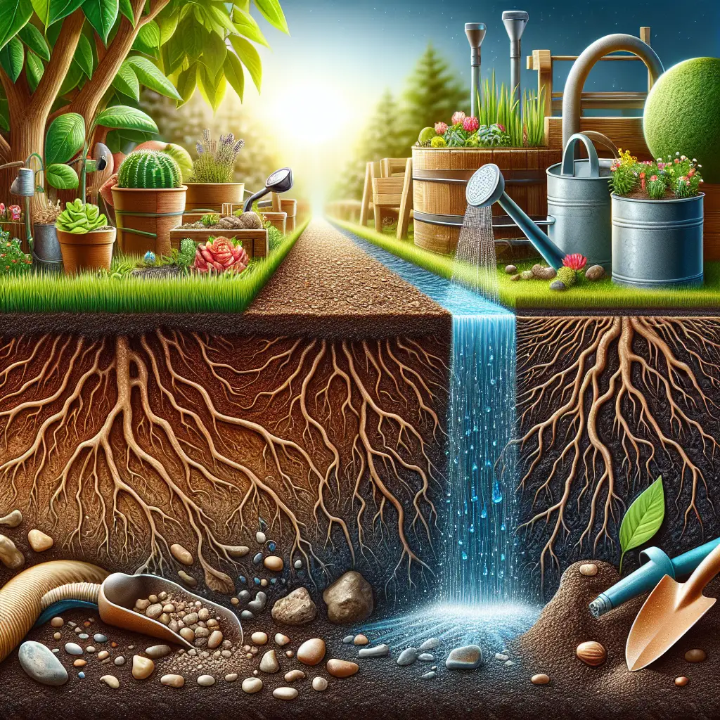 A detailed and informative representation of soil moisture. The image features an up-close view of healthy, dark brown earth abundant in minerals and nutrients, moist to the touch. Beside it, a similar section of the soil appears dry and cracked, a vivid contrast to the richly watered soil. In the background, different watering tools such as a watering can and a garden hose can be seen. Close to these tools, a rain barrel collects water demonstrating sustainable watering practices. There are no people, brand names or text in the image.