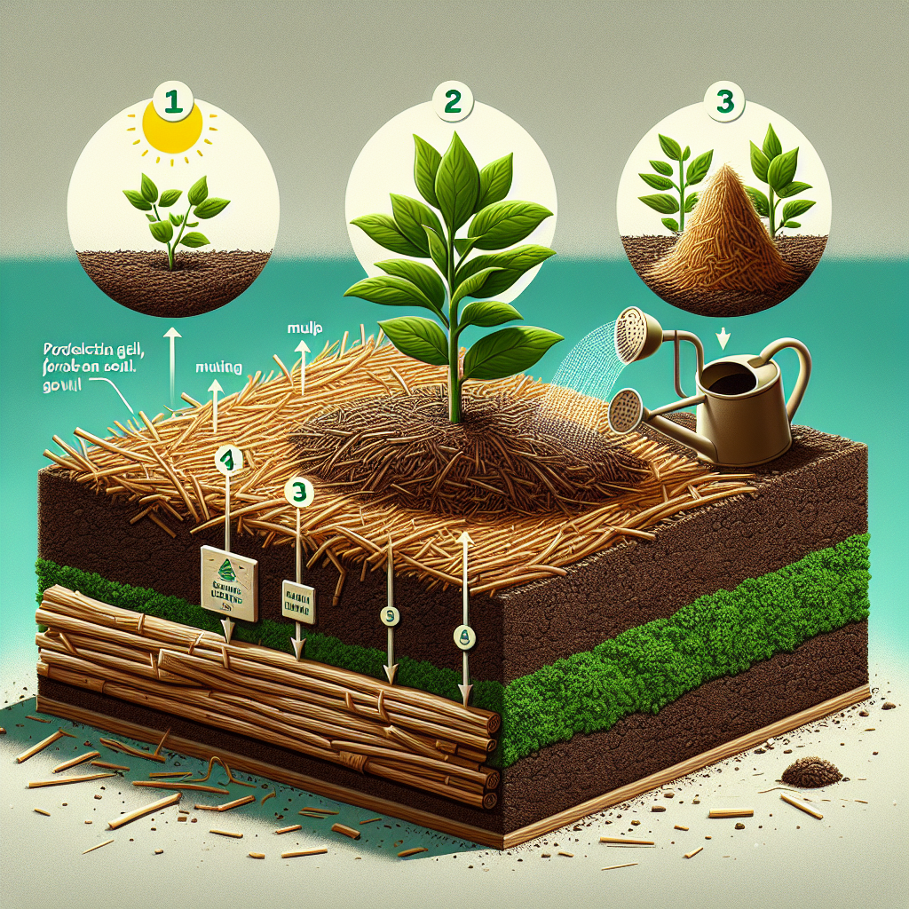 Visual representation of a close-up gardening scenario in a small patch of fertile soil. The image emphasizes the process of mulching as an essential gardening technique. It depicts a layer of organic material covering the soil around the base of a healthy, thriving plant, and a three-step demonstration on the side. The first step shows the bare soil, the second adds a thick layer of straw or similar mulch material, and the third demonstrates the mulch in use, protecting the soil from evaporating too quickly under the sun's rays. A garden watering can provides moisture to the area, further emphasizing the discussions of water retention and plant health. Please do not include people, text, or brand logos in the image.