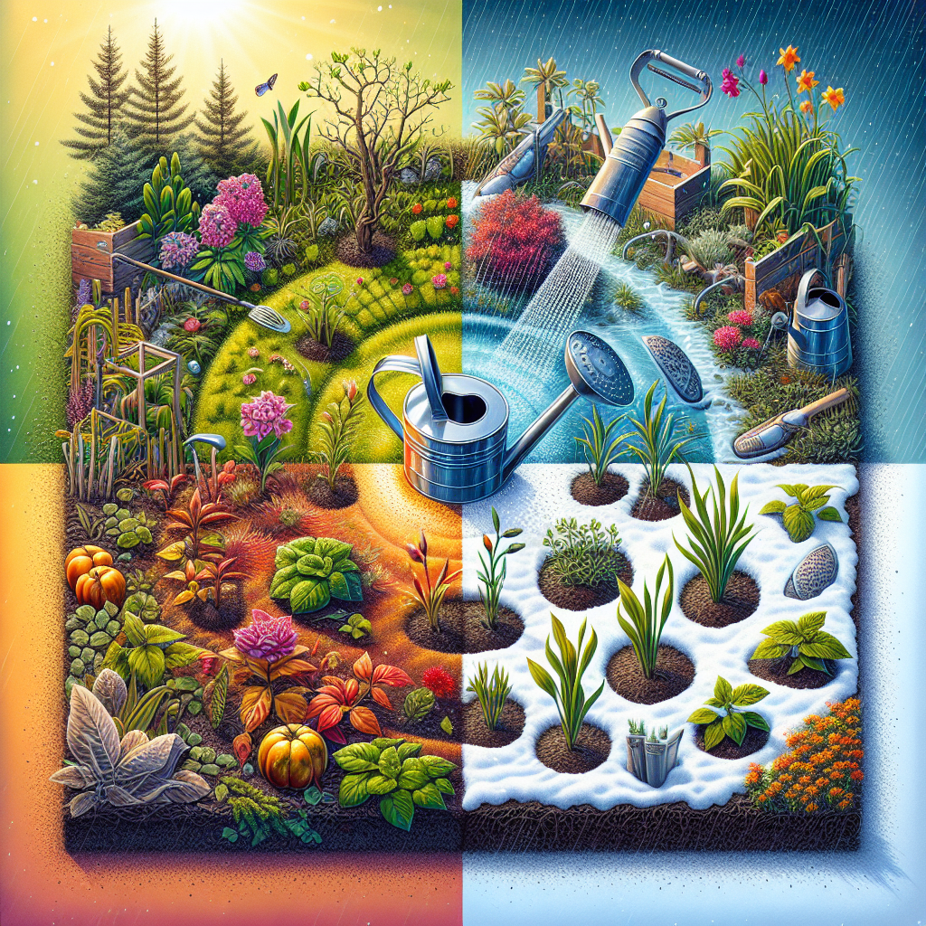 A variety of plants in a temperate climate, experiencing four different seasons. In one quadrant, spring is depicted with newly budding plants and a small, gentle rain shower. In the adjacent quadrant, summer is represented by mature plants under full sun with a nearby watering can. Autumn can be recognized by the changing color of leaves and a sprinkler providing hydration. Lastly, winter is portrayed with dormant plants under a light snow cover. There are no people, text, or brand names in this detailed and colorful image.