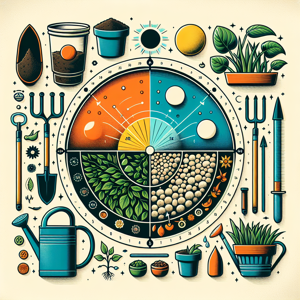 An image depicting a variety of garden items and tools arranged to illustrate a balanced feeding schedule for plants. On the left, show compost and organic fertilizer in different sections of a divided plate, symbolising the different nutrients essential for plant growth. On the right, display a watering can and a garden hose, representing hydration. In the center, show a sun and a moon symbolizing day and night cycles. Include common garden tools such as garden trowels, soil scoops and pruners, but do not include any text or brand names.
