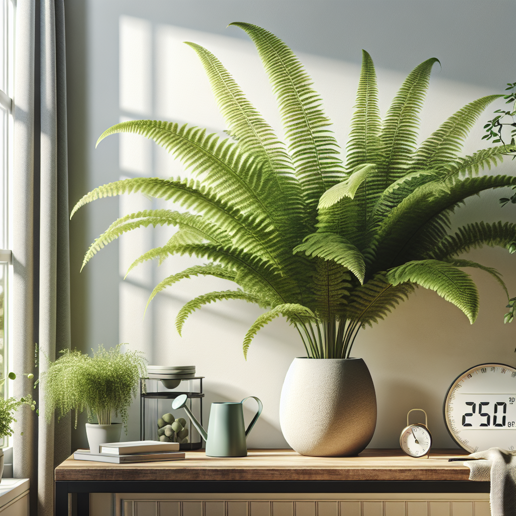 An interior scene showcasing a lavish Boston fern thriving in a well-lit indoor environment, perhaps near a sunny window. The fern appears lush and healthy, radiating a vibrant green hue. Its leaves are full and spread out, effectively promoting air purification. Nearby, there are other household items like a stylish, minimalist watering can and a small indoor thermometer showing a comfortable, plant-friendly temperature. The scene emphasizes the natural beauty and environmental benefits of maintaining houseplants, specifically the Boston fern, in indoor spaces. There are no brand names, logos, or people present in the image.