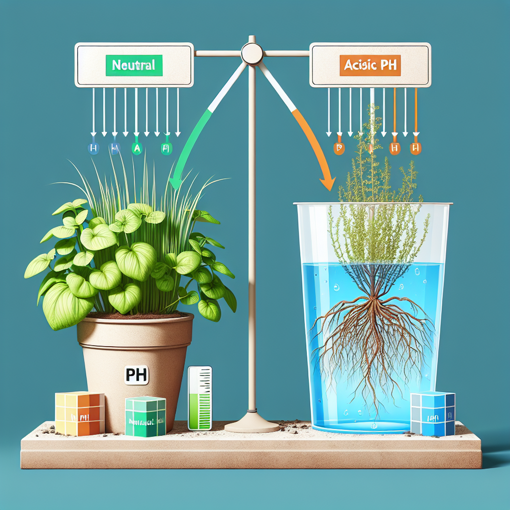 A visually engaging, scientific scene representing the influence of water pH on plant well-being. The image contains a large, healthy plant on one side, with its roots dipping into a container of water tagged with a 'Neutral pH' indicator. On the other side of the image, show a withered plant, its roots in water marked as 'Acidic pH'. In between, show a pH scale, with arrows from the respective waters indicating their pH. Make sure there are no text on items, no human figures, brand names, logos, or explicit textual descriptions.