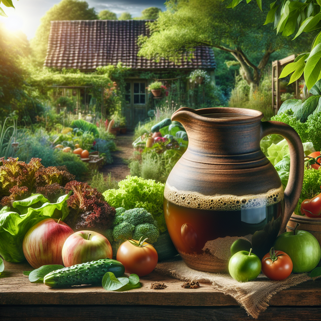 A picturesque scene representing nature and organic gardening. In the foreground, freshly brewed, rich brown compost tea sits in a rustic, unbranded ceramic jug. Beside the jug, an array of fruit and vegetables visibly flourish, symbolising the boost in plant growth. The background is an alluring display of a lush home garden with abundant greenery, exhibiting a variety of vegetable plants and fruit trees thriving under the nourishment of compost tea. No humans or brand names are present in the scene, promoting a simple and natural atmosphere.
