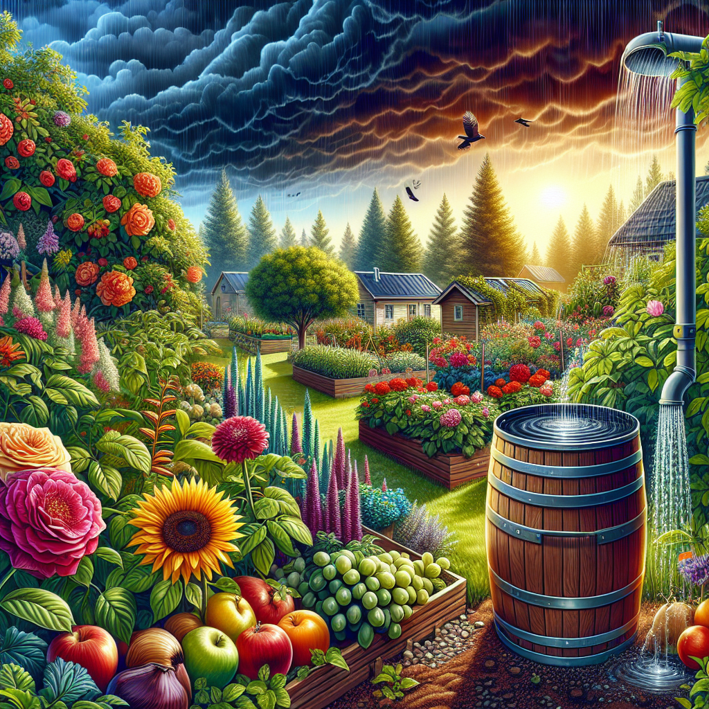 Depict an image showcasing a flourishing and abundant garden vivid with bright-colored flowers, lush green plants, and a variety of fruits. The garden should be in a tranquil suburban background. To the left, illustrate a rain barrel collecting rainwater through a gutter from a roof. Ensure that the rainwater barrel is busy with rainwater, and overflow is directed towards the plants demonstrating the rainwater harvesting process. In the background, portray dark, rich, cloudy skies indicating recent rainfall. No human beings or brand names should be part of this scene.