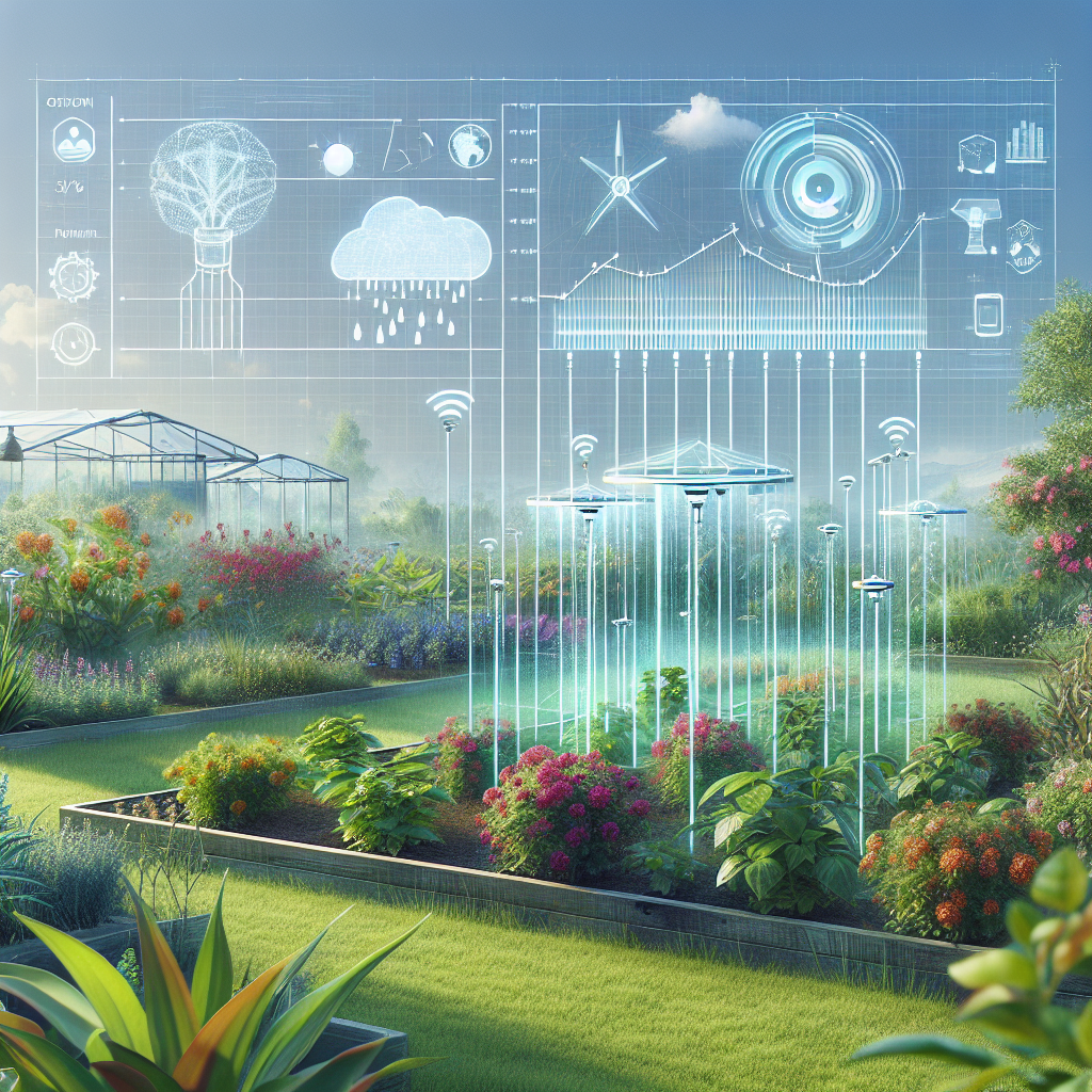 A visually enticing digitally-inspired garden illustration. Display a variety of vibrant, healthy plants benefiting from cutting-edge irrigation technology. Showcase automated drip systems providing exactly the right amount of water to each bed. Farther in the backdrop, picture a detailed weather station, gathering climate data used to predict watering needs. Out of sight, imagine a modern conclusion to the scene, an intricately designed app showing real-time water usage and plant health. Eliminate any text, people, brand names, and logos from the image.