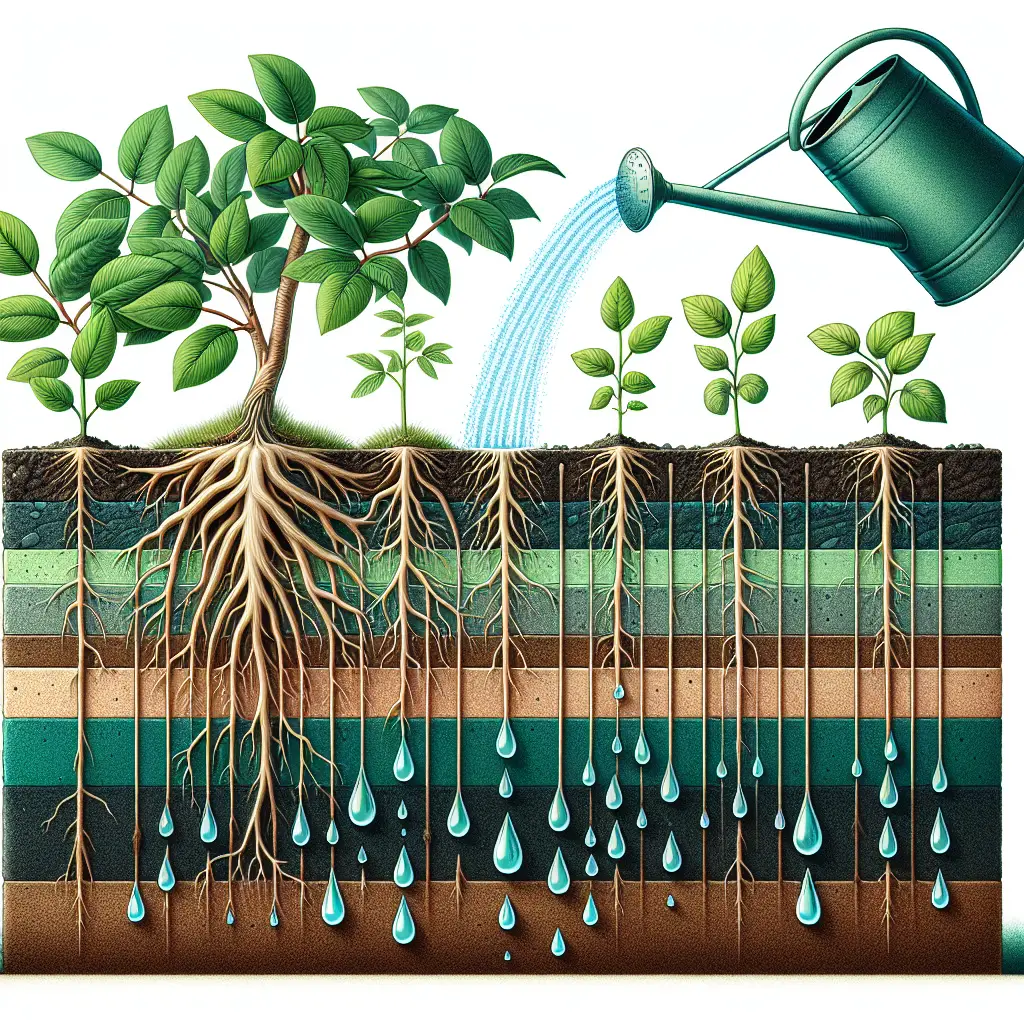 A detailed illustration portraying the concept of deep watering techniques, important for encouraging stronger root systems. An array of plants with lush, green leaves are shown with their roots traveling deep into the moist soil. Layers of soil are carefully represented with the cross-section of these layers revealing the progression of water droplets permeating downwards, symbolizing deep watering. The droplets are seen going down the root line, demonstrating the deep reach of the water. A watering can with a long spout is shown suspended above the ground suggesting the action of watering but without any human presence. No text or brand names are featured.