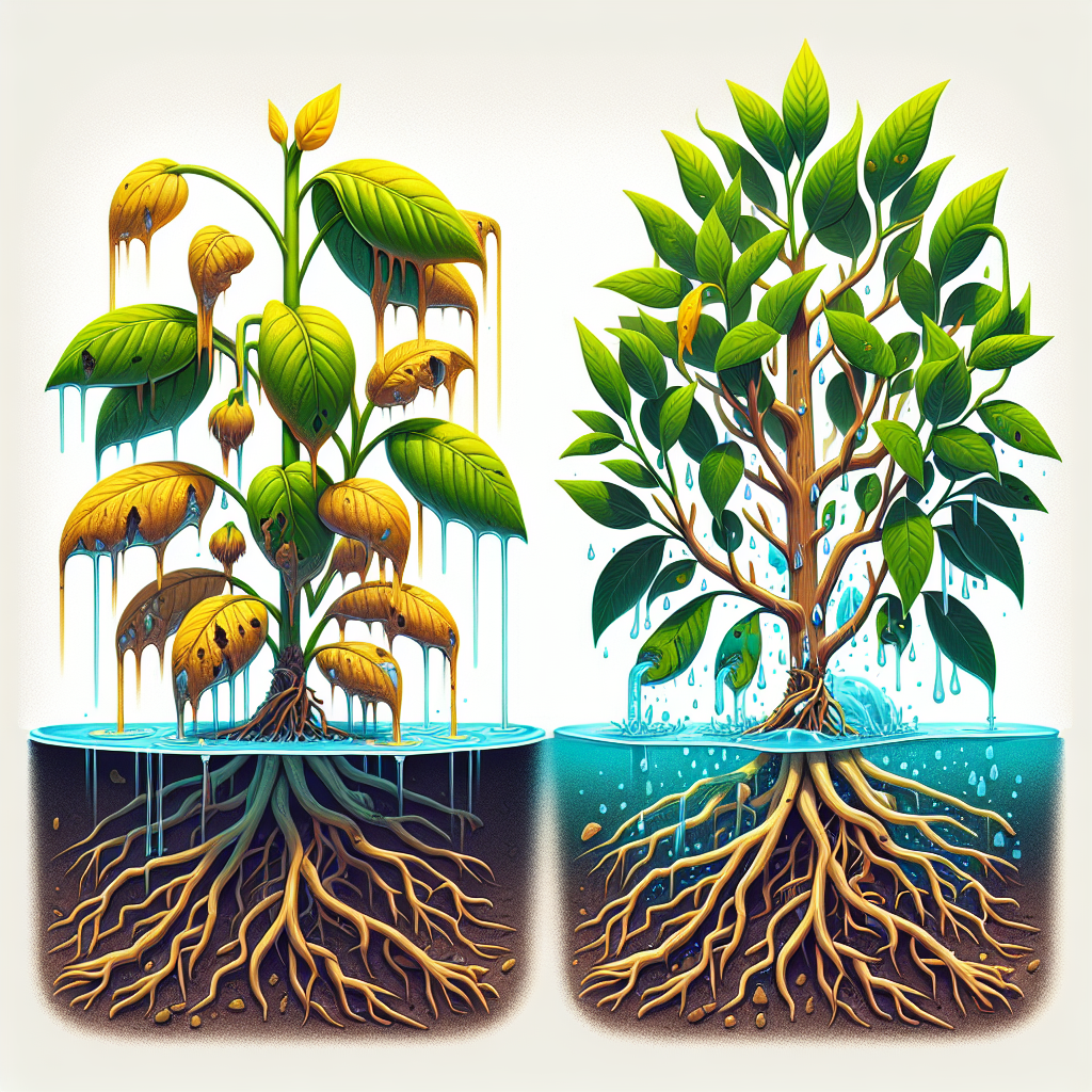 An evocative illustration showcasing the detrimental effects of overwatering on plants. On the left side of the image, portray overwatered plants - their leaves turning yellow and limp, their roots rotting, and water pooling around the base. In contrast, on the right side, show plants flourishing in optimal watering conditions - lush green leaves and firm roots. No humans, text, or brand names should be included in this image. The image should clearly communicate the message of the title without textual intervention.