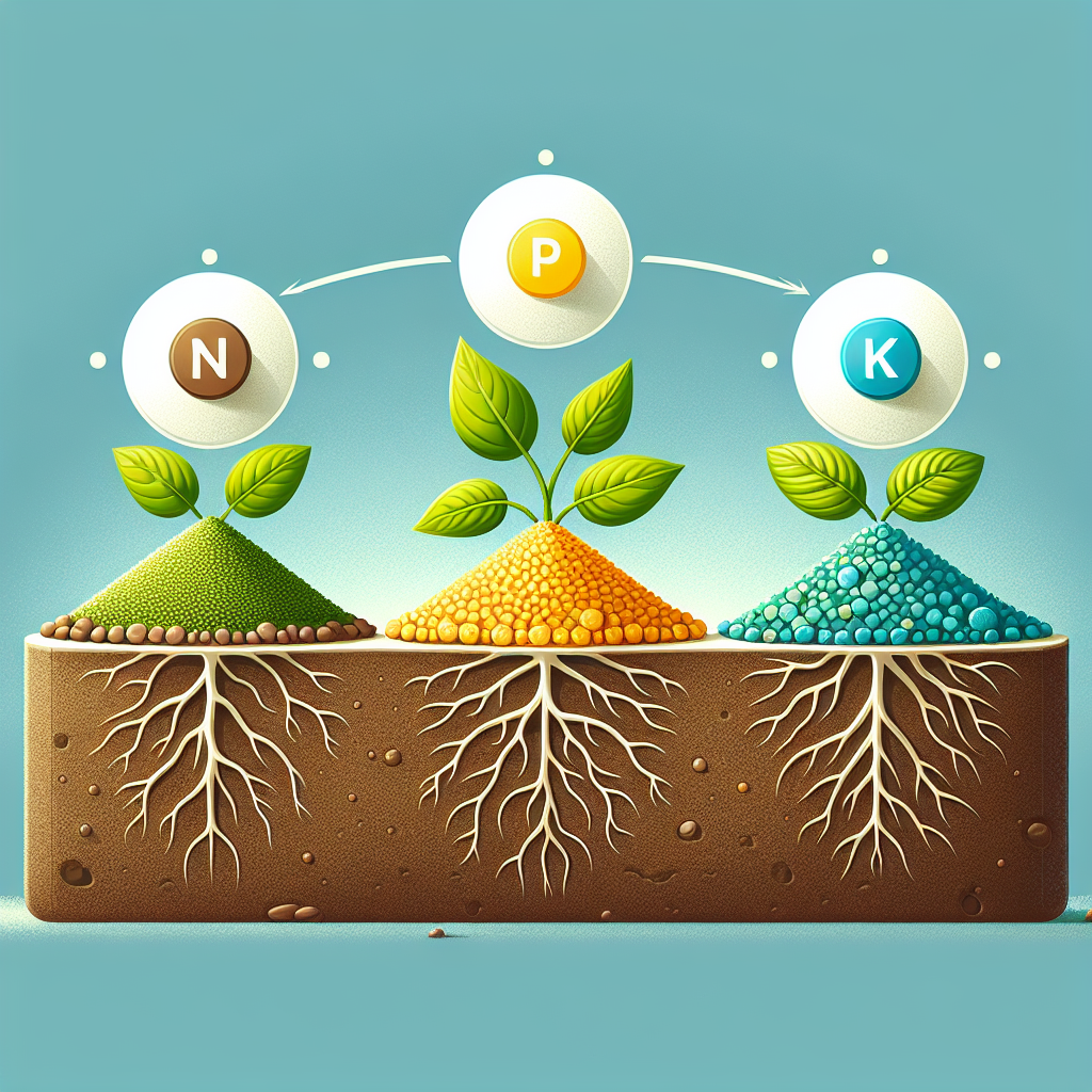 An illustrative, educational, and clean image containing essential elements of plant nutrition. Focus on the depiction of three different types of fertilizer granules, each differing in color and shape to signify Nitrogen (N), Phosphorus (P), and Potassium (K). These should be placed in separate heaps on a surface that looks like soil, having clearly visible, differentiating characteristics. Additionally, show plants, with leaves and roots, reacting differently to these fertilizers, perhaps with a gradient of health and growth from left to right. Refrain from including any text or logos and keep the image free of human presence.