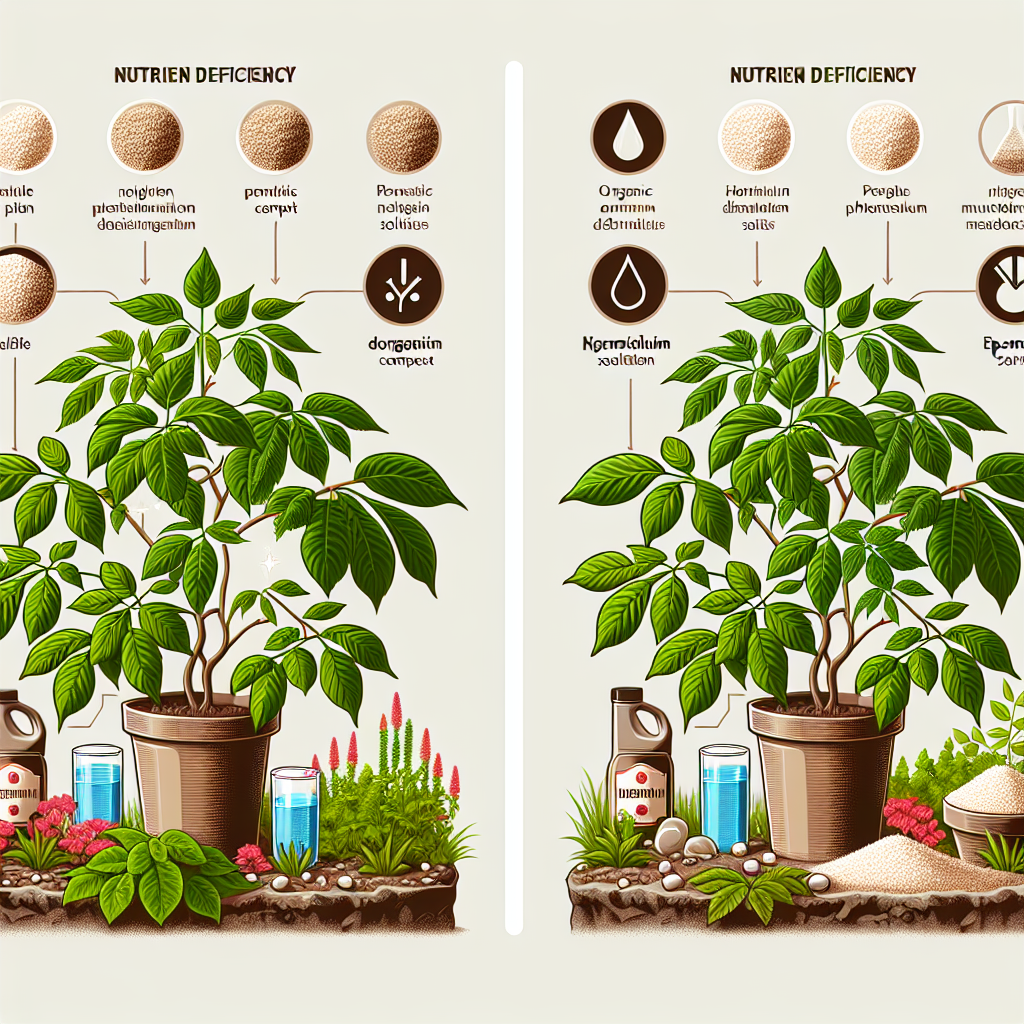 A clear and detailed image structure illustrating the signs of nutrient deficiency in plants. The visuals will showcase healthy plants next to plants showcasing classic signs of nutrient deficiencies, visible in their leaves and stems. There should be individual sections each indicating different types of nutrient deficiencies like nitrogen, phosphorus, potassium, and magnesium. Next to that, there should be illustrations of suggested solutions, such as organic compost, vermiculite, and Epsom salts. However, no brands, people, or text should be present in the image.