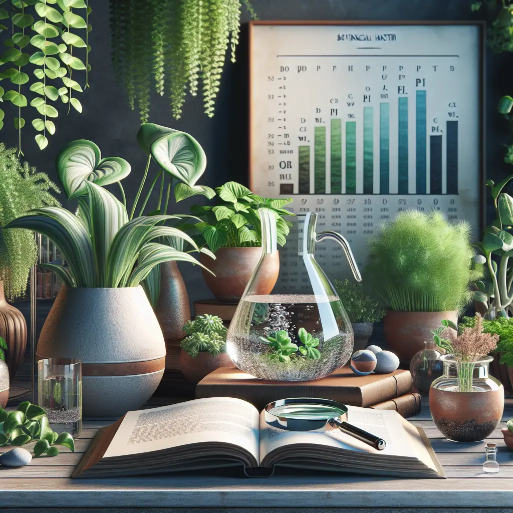 A serene botanical scene showcasing an array of healthy and vibrant plants flourishing in pots of various shapes and sizes. Nestled with the greenery, there's a glass pitcher with clear, crystal water next to a open book titled 'Botanical Mastery'. Also, a magnifying glass, focusing on a plant, indicating the scrutiny involved in the care. Lastly, an understated placard displaying pH scale with different colors stands in the corner, symbolizing the importance of water quality. This tranquil scene contains no people, text (except on the book), logos or brand names.