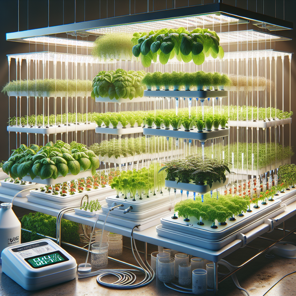 A variety of plants thriving in a sophisticated hydroponic system: fresh green lettuce, vibrant tomatoes, and sproutful herbs. Soil is notably absent, replaced by a web of crystal clear tubes piping nutrient-rich water to each pristine plant's root system. The hydroponic structure consist of a network of plain white racks, trays, and reservoirs free of any brand logos or names. The entire array is bathed in the warm, sunshine-like glow of unbranded LED grow lights suspended above. A digital pH meter free from text lies next to a reservoir, unattended and silently monitoring, indicative of the science behind soil-less cultivation.