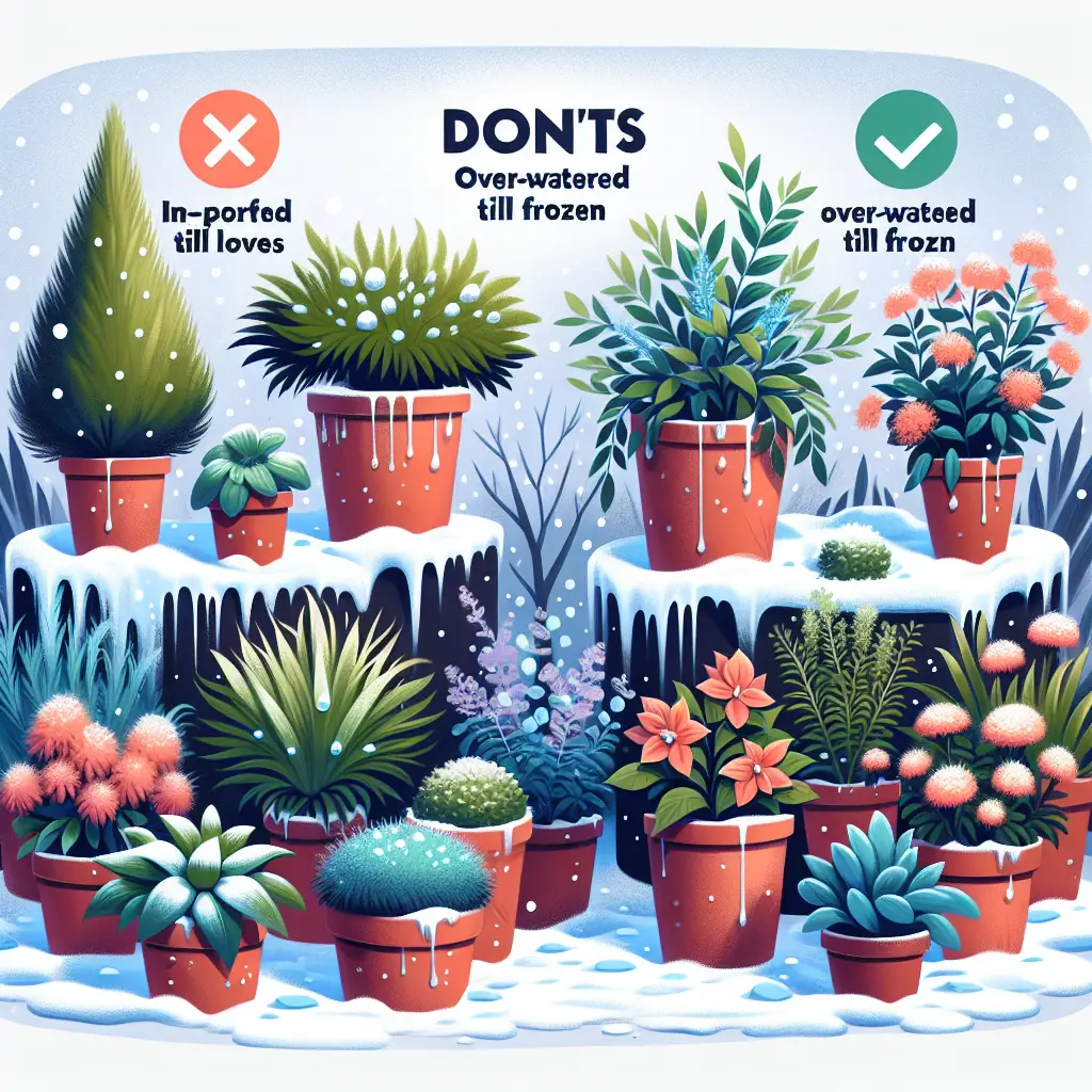 A snow-covered garden with various winter plants in terracotta pots. One side of the image has plants that are vibrant and flourishing, representing the 'Dos'—these plants appear to be properly watered with droplets of water on leaves, no over-watering with ice formation, proper air circulation is depicted by clear area around plants. Opposite side represents 'Don’ts' with wilted plants, over-watered till frozen, and crowded plant pots inhibiting air circulation. Please note no human presence, text or brand logos, just an array of winter plants in a garden setting.
