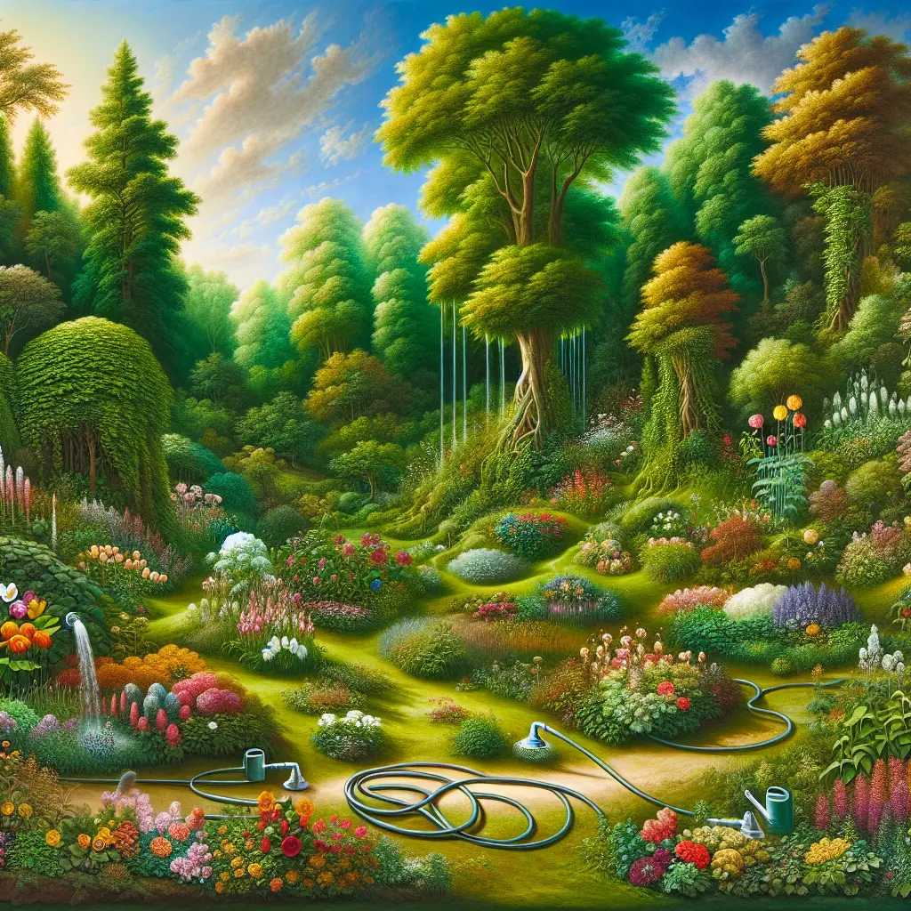 Depict a vivid, greenscape garden at the height of summer. In this thriving tableau, an array of colorful blooms basks under the intense sun overhead, while tall and verdant trees offer larger patches of shade. Aside from flowers, include shrubs, crawling vines, and lush grass. The central focus is a system that provides hydration to the plants: perhaps a series of dripping hoses strategically laid around the plants, or an invisible ground watering system illustrated by a faint shimmer on the soil denoting moisture. Note the lack of human activity, reinforcing the serene isolation of the scene. Dot the landscape with watering cans, and perhaps the hint of a retractable hose, sans brand names or logos.