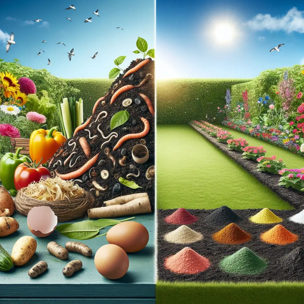 A balanced picture showing two sides. On one, a pile of compost representing organic fertilizers, which is lush, full of earthworms and nitrogen-fixing bacteria, with a variety of organic materials like crushed eggshells, coffee grounds, and banana peels. Adjacent to it, an emblematic garden thriving with an array of colorful flowers, healthy vegetables, and vibrant green leaves. On the other side, synthetic fertilizers, visualized as small, colorful granular tools. Nearby it, a garden with orderly rows of blooming plants, their growth notably uniform. Background scene is a serene sunny day highlighting the effect of both fertilizers on the plants without showing brand names, logos, or human presence.