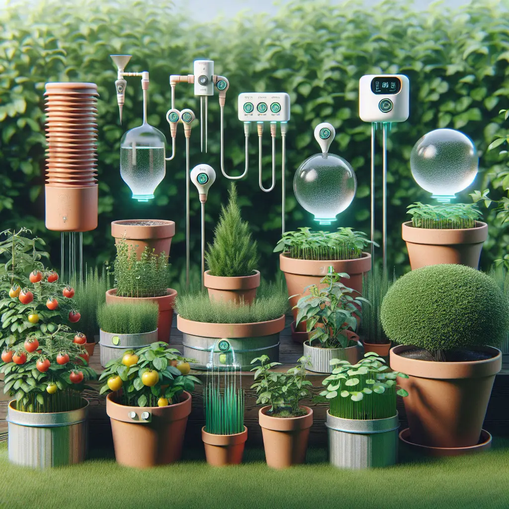 A variety of self-watering systems distributed in a lush green garden. One device is a terracotta style spike sticking into a pot of flourishing herbs. Another is a sophisticated timer-based contraption serving water to a row of potted tomatoes. Yet another showcases a glass globe seeping water into a pot with a healthy jade plant. All items are generic, unbranded, and devoid of any text. No human presence in the scene. The overall atmosphere is serene, cleverly automated and perfect for a busy gardener.