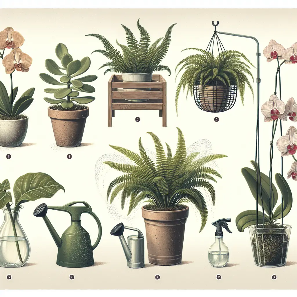 An educational illustration depicting various types of plants such as a succulent, fern, and orchid, each set next to different watering cans. The first scene has a succulent in a terracotta pot, beside it is a small watering can. The second scene presents a fern in a hanging basket, beside it is a bigger watering can. Lastly, there's an orchid in a clear plastic pot, beside it is a spray bottle. The background is neutral and undistracting, putting emphasis on the plants and watering techniques.