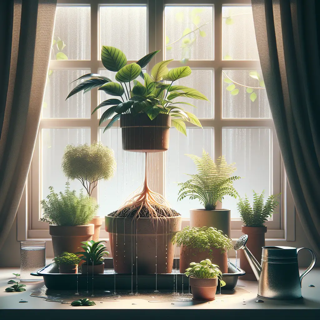 A serene image capturing the essence of 'The Art of Bottom Watering for Indoor Plants'. It consists of a selection of common houseplants in aesthetically pleasing pots, visible roots glowing with moisturized health, sitting atop a simple tray filled with water. They soak up this humble lifeline, contrasted against a light-filled, curtain-drawn window, leaving room for interpretation about the temperature and climate. Subtle hints such as drops of water on the leaves and a small watering can without text or logos compliment the scene. No people are included in this depiction.