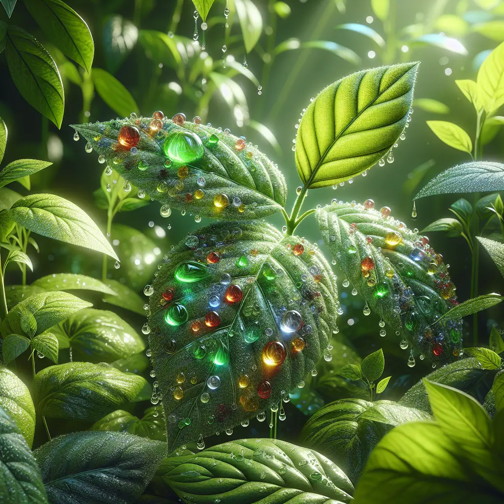 A realistic image that showcases a close-up view of leaves glistening with water droplets, illustrating the concept of foliar feeding, a practice where nutrients are taken in through the plant's leaves themselves. The water droplets are visibly nutrient-rich, sparkling with an array of different colors or minerals. Backdrop of flourishing green plants to depict healthy growth resulting from this method. No people, text, brand names, or logos are included in the scene. Everything is natural, focusing strictly on the plants' health and the effects of foliar feeding.