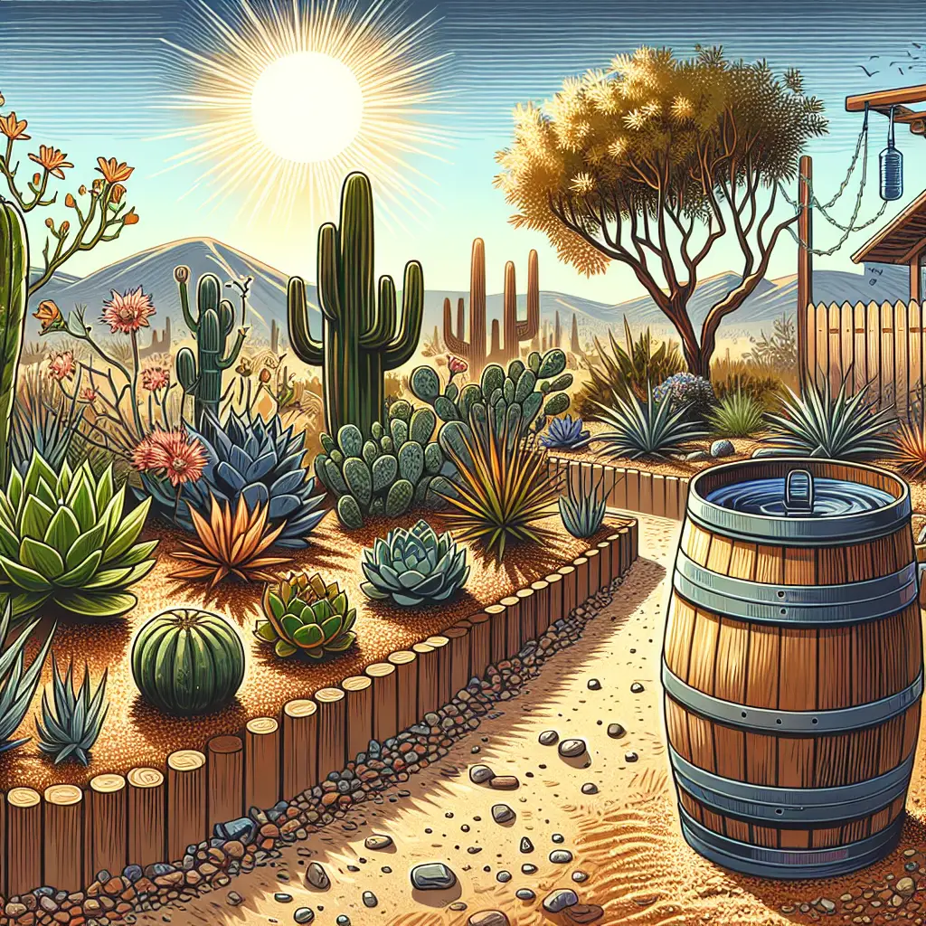 A depiction of a garden thriving in a dry climate. Focus should be on drought-resistant plants like succulents and cacti, showing resilience in arid conditions. Illustrate water-saving techniques such as using mulch for moisture retention and gravel paths for drainage. Include a rain barrel for water collection, but make sure not to put any brand name or logos on it. The setting should be under a glaring, hot sun in the middle of a desert-like landscape.