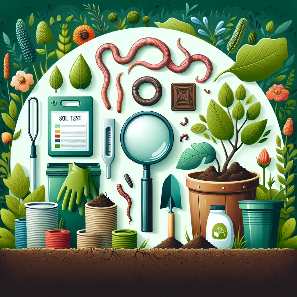 An image displaying an array of tools used for soil testing and improvement. Items include a soil test kit, a hand-held magnifying glass, a compost pile, earthworms, gardening gloves, and a variety of organic fertilizers. In the background, there's a lush garden with various flourishing plants symbolizing the results of optimal soil feeding. The color palette uses earthy tones of greens and browns.