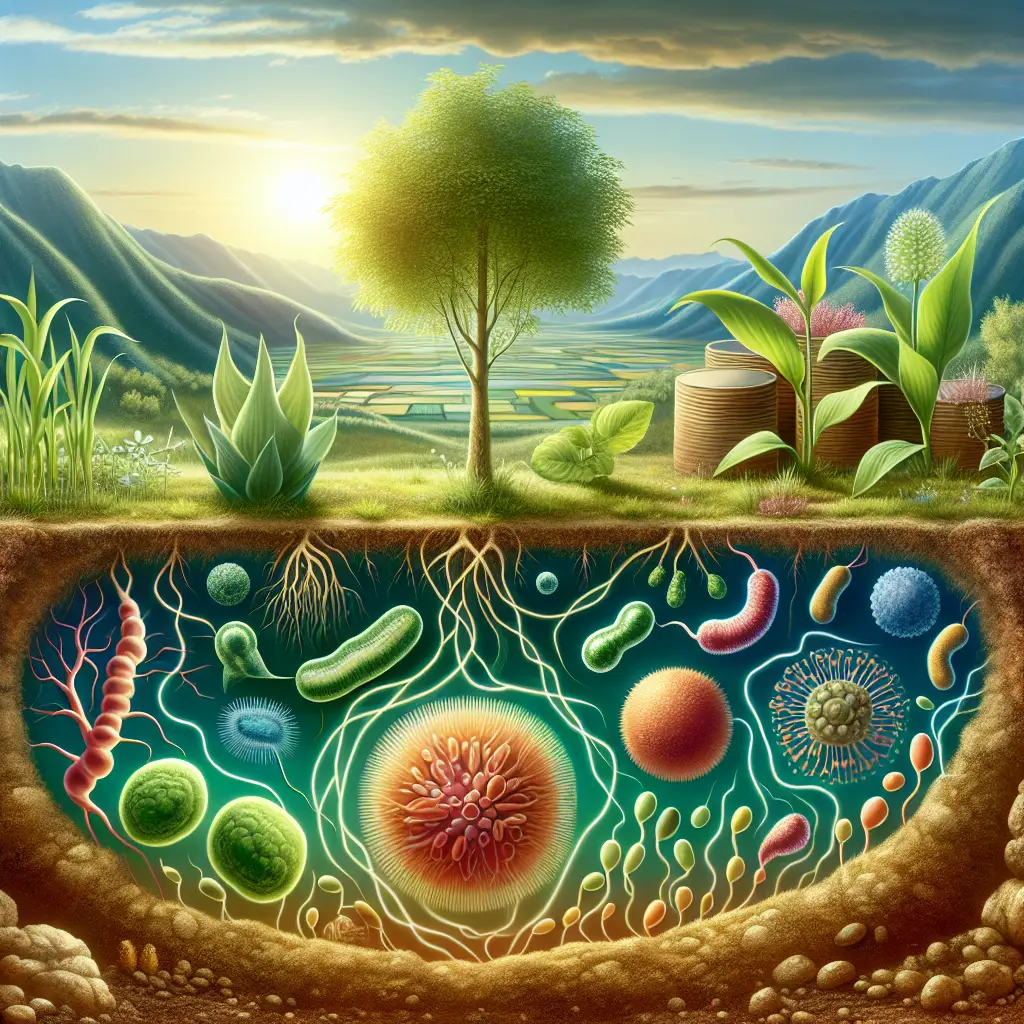 A rich, vibrant landscape showcasing the various phases of plant growth from germination to maturity. Within the fertile soil, illustrate the invisible network of beneficial bacteria, fungi, and other microbes rendered in a stylized, educational manner. Try to visually convey the concept that these microbial interactions are crucial for nutrient cycling and plant health. Skip the portrayal of any human intervention in the scene. Remember, the scenario needs to be brand-free and without any text.