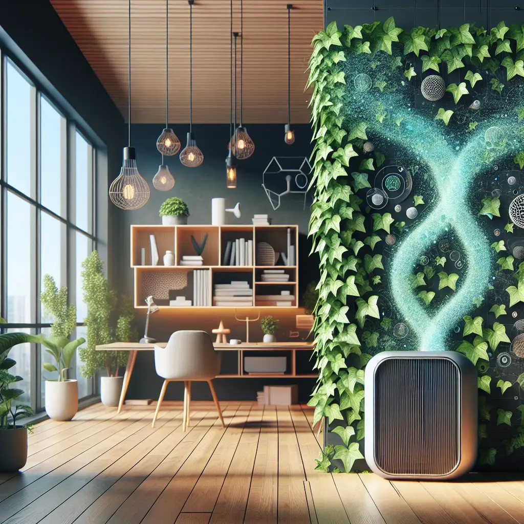 A vibrant depiction of English Ivy growing profusely in an indoor setting. The space is well-lit with sunlight pouring in from a large window. A minimalist Scandinavian decor sets the stage where the Ivy trails cascade over a side of a bookshelf and a sleek desk. Amidst this lush foliage, a detailed air particle representation hangs in the air, hinting at the hidden benefits of the Ivy. In the background, a cross-sectional view of a purifier shows its internal structure, symbolizing improved air quality. The entire scene is devoid of people, text or branded elements.