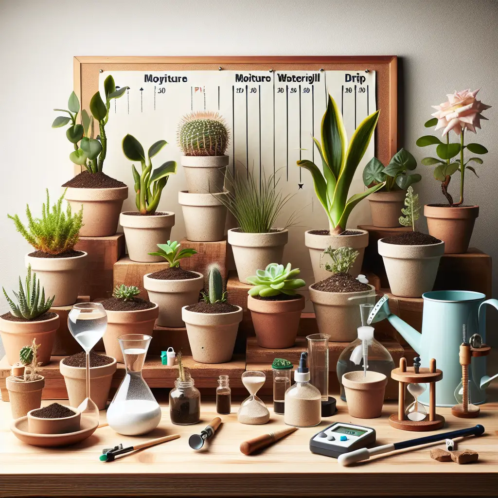 A scientific presentation about debunking plant watering myths. The scene should feature an experiment table with several different types of plants in unbranded ceramic pots. Some plants are in sandy soil while others are in regular potting soil, in a comparison to challenge the myth regarding soil types. Next to them, various unmarked watering tools like a small watering can, a spray bottle, and a drip watering system are arranged. Include moisture and pH meters to show soil conditions. On the table also add a classic hourglass indicating the myth about ideal watering time. The background is a plain, light colored wall.