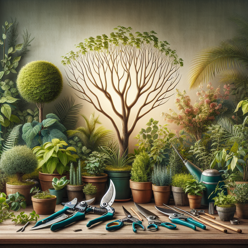 An educational horticulture scene showcasing various basic pruning techniques for healthier plants. The scene might include a diverse variety of green, lush indoor and outdoor plants in different growth stages. Next to them, a variety of pruning tools like shears, a pruning saw, and snips clearly displayed on a wooden table. Subtle emphasis on a typical tree branch with cuts in various stages: from overgrown to properly pruned. Make sure the image visually communicates the right timing for pruning, perhaps through the different stages of plant growth. Ensure there are no people, brand names, logos, or texts appearing in the scene.