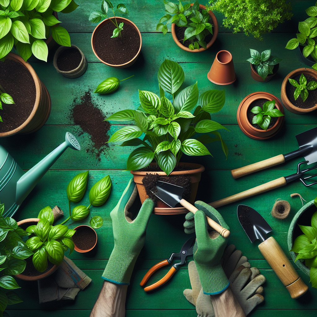 A vibrantly green gardening environment filled with a variety of lush plants. Centered are two hands, wearing gardening gloves, delicately repotting a leafy, potted plant into a larger, terra-cotta pot. One hand supports the plant, while the other holds a small garden trowel, adding fresh soil to the new pot. Scattered around are essential gardening tools like a watering can, pruning shears, and a bag of fertilizer. Make the entire scene look natural, boiled down to its details, without any people, text, or brand logos.