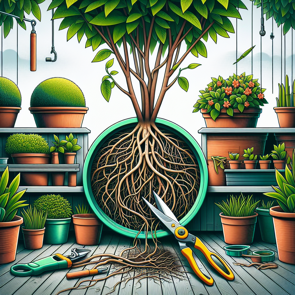 An image illustrating the concept of root pruning in container gardening. The scene unfolds in an outdoor setting, filled with vibrant greenery and numerous plants in various pots, devoid of human figures. On the left side of the composition, a magnified view of a plant's roots is featured, capturing the detail of the entangled and overgrown roots. Centerspace is a pair of standard gardening shears about to prune the roots. To the right, the same plant is shown post-pruning, looking revitalized and flourishing in its container. Make sure to omit any text, people, brand names, and logos from the image.
