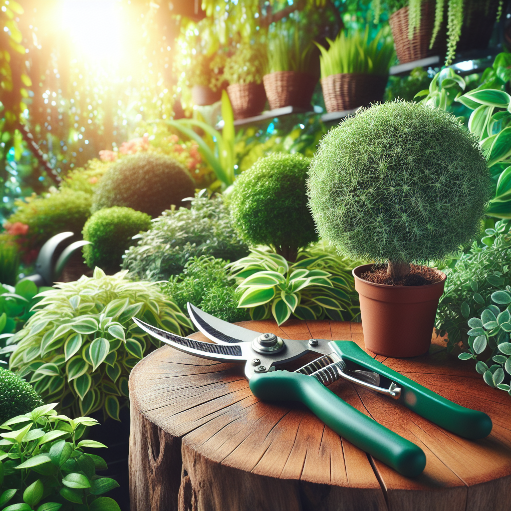 An image displaying various healthy green plants of different species. They're meticulously pruned, demonstrating their vitality. In the foreground, a pair of sharp, clean and metallic pruning shears rest on a wooden stump. In the background, sunlight is breaking through the vibrant canopy of the well-pruned garden. It's a day scene. Important features: pruning shears, different plant species, sunshine breaking through a vibrant canopy, wooden stump, absence of humans, brand names and logos.