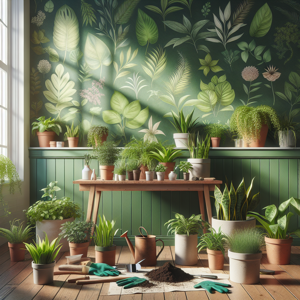 An idyllic setting of a sunny living room with green botanical wallpaper, filled with a variety of healthy vibrant green plants in different shapes and sizes. Some plants are in the process of being re-potted, with a ceramic pot, dark rich soil, trowel, gloves, and watering can spread out in an organized fashion on a wooden table. The room has a simplistic and minimalist aesthetic, with light flooding in from a large window. No brand names, text, or people are visible in the picture.