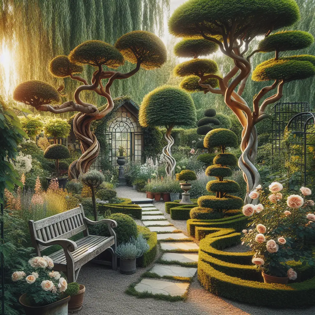 An idyllic garden scene focusing on several ornamental trees of different species. Their intricate branches have been expertly pruned to enhance their innate beauty and showcase their unique forms. Surrounding the trees are a variety of lushly green and flowering plants, stylish stone pathways, and a quaint, rustic wooden bench. An arched trellis with climbing roses marks the entrance to this peaceful sanctuary. The sun is captured at golden hour, casting a gentle light that illuminates this garden oasis, showing the potential of careful tree pruning as a part of garden enhancement. No people, text, or recognizable brand logos are present.