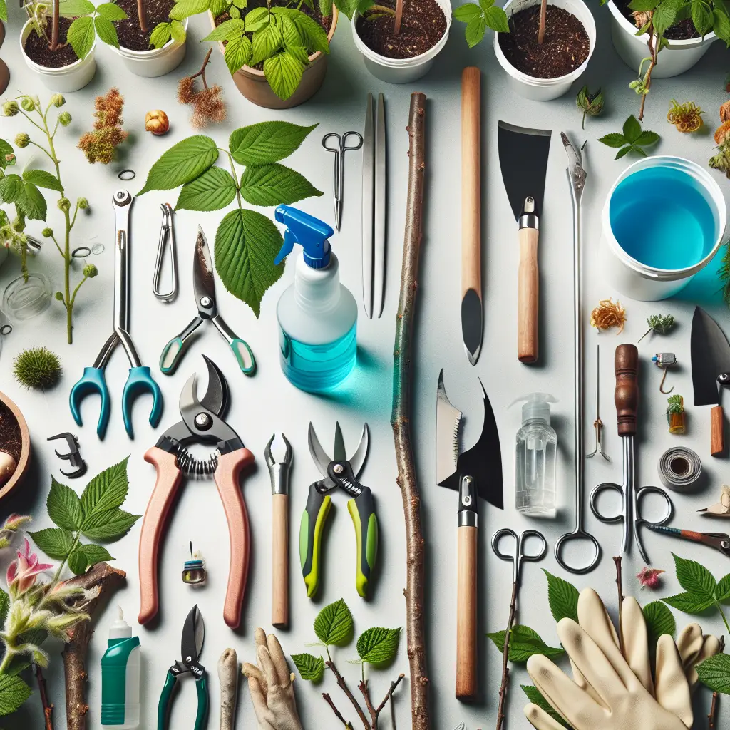 An educational image that conveys the concept of the importance of cleanliness in plant pruning. The scene should start with an assortment of pruning tools such as hand pruners, loppers, and a pruning saw, all of which are placed next to a disinfecting solution. In the background, there should be various healthy plants that have cleanly-cut branches and vibrant green leaves, contrasted with a pile of prune offcuts and diseased plant parts. The scene shouldn't include any people, text, or brand logos to maintain the focus on the concept of the necessity of sanitation in plant care.