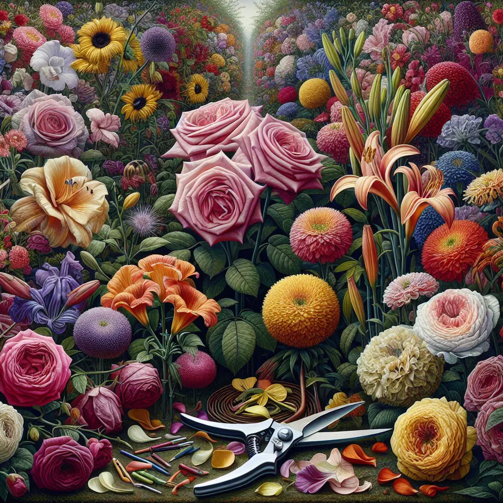 An intricately detailed garden scene focusing on the process of deadheading. Vivid and colourful flowers fill the image: roses, lilies, marigolds, carnations, and more, all lush and vibrant. Among them, some flowers have wilted heads. A pair of clean, sharp pruning shears lies nearby, indicating the act of deadheading. No people or text present. The image portrays a silent, tranquil scene that is both luscious and educational, perfectly summing up the concept of 'Encouraging Blooms through Pruning'