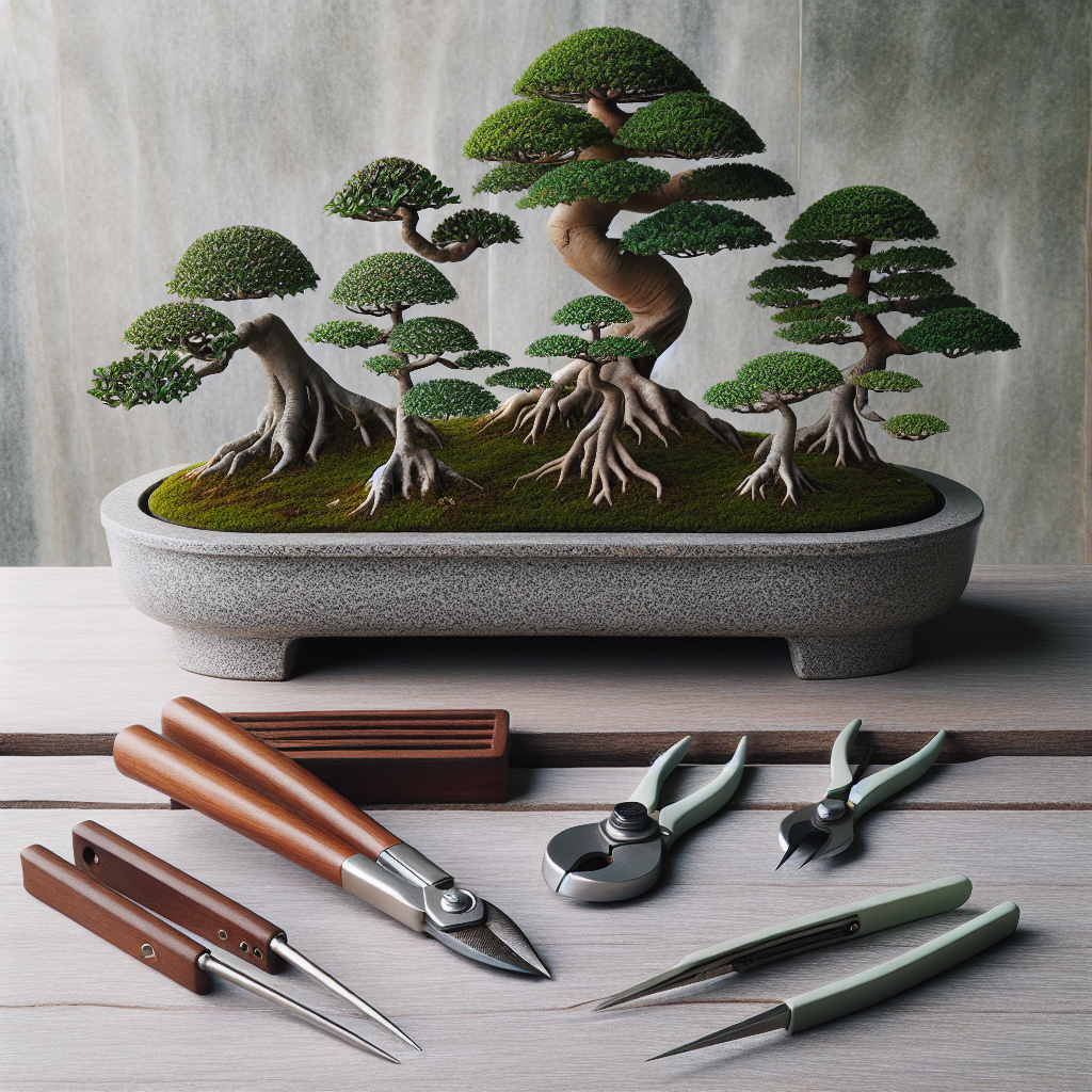 An image featuring a collection of variously shaped bonsai trees within a serene miniature garden. The garden is set within a stone container, providing a regular geometry against the organic forms of the trees. A set of typical bonsai pruning tools are laid out; a pair of concave cutters, a pair of knob cutters, and a small, delicate pair of straight scissors. None of these tools have any identifiable markings or logos. There are no people in the image, just the trees benefiting from the pruning techniques applied.