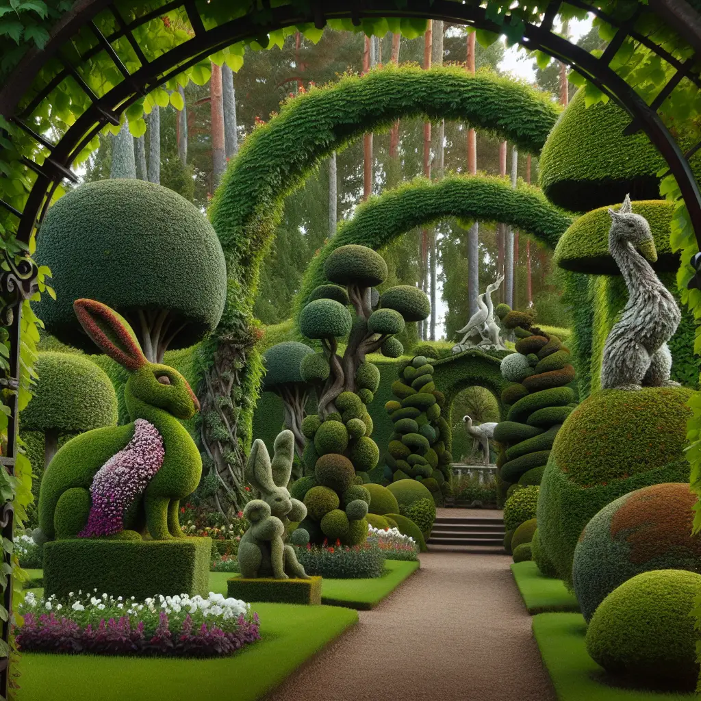An enticing display of topiary, the intricate art of shaping plants through careful pruning. Picture a tranquil garden setting, variety in both sizes and styles of topiary add to its charm. A complexity of shrubs majestically shaped into lifelike figures of animals like a rabbit, a swan and an elephant stands out amidst their leafy companions. The details speak of countless painstaking hours of work. An archway of intertwined vines leads to a more open region, where spherical shaped bushes and pyramidical trees line the pathway. Though there are no people in this serene picture, the human touch is evident in every leaf and branch.