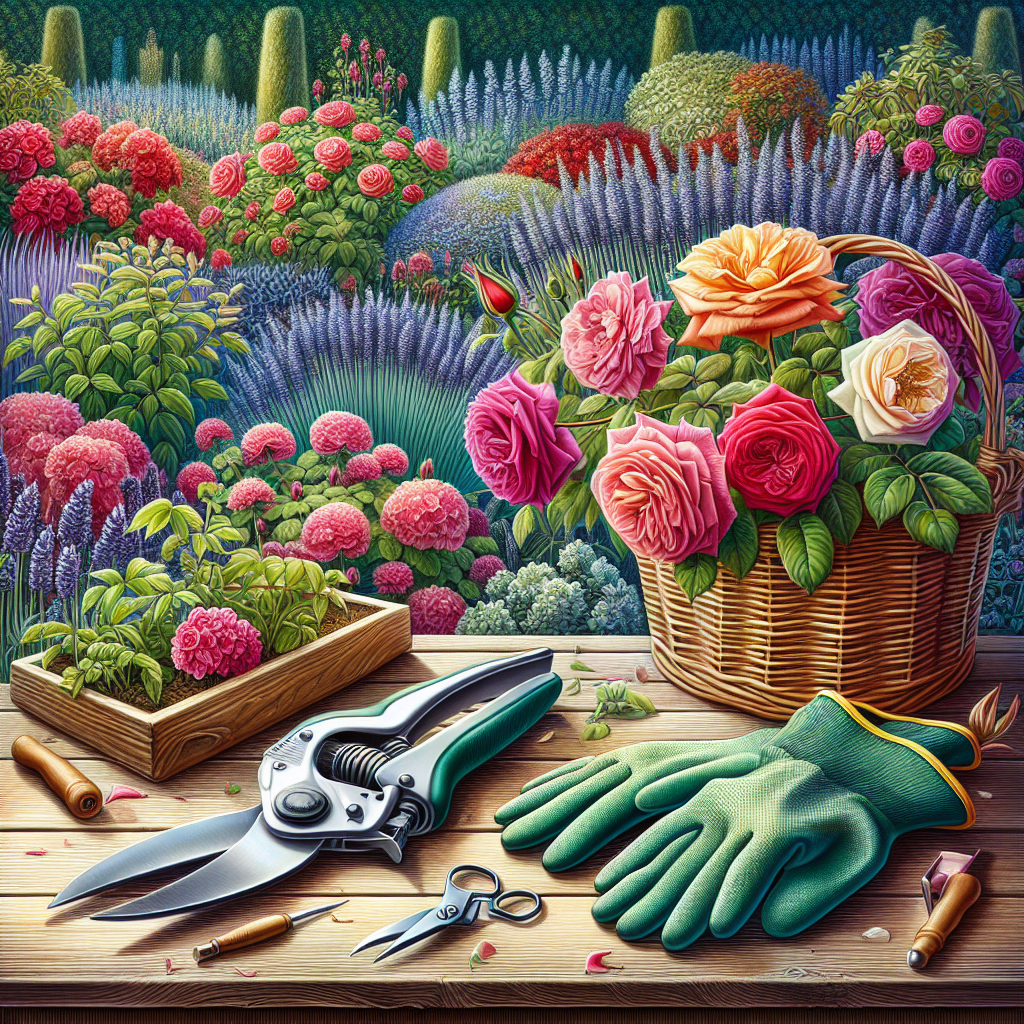 A vibrant garden scene rich with colorful, healthy perennial flowers. In the foreground, a pair of unworn gardening gloves and sharp pruning shears lay on a wooden table, and a basket full of neatly trimmed offshoots is visible beside the table. The background illustrates various perennial plants like roses, lavender, and geraniums at different stages of being pruned, depicting the meticulous process of maintenance, ensuring their health throughout the seasons. No people, text, or logos are in the scene. Only the natural beauty of the cared-for garden shines through.
