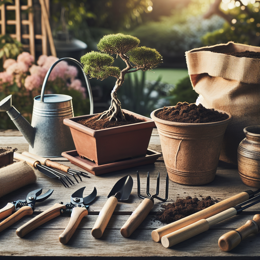 An array of gardening tools spread out on a rustic wooden table under soft morning light. The tools include pruning shears, a trowel, and a small rake, all with traditional wooden handles. Next to the tools is a medium-sized terra cotta pot housing a gangly bonsai tree ready for repotting. Adjacent to it is a bag of rich, dark potting soil, its lumpy texture suggesting its organic composition. On the floor near the table are a water sprayer and a pair of gloves. Everything is set against a peaceful garden background, devoid of any people or branding.