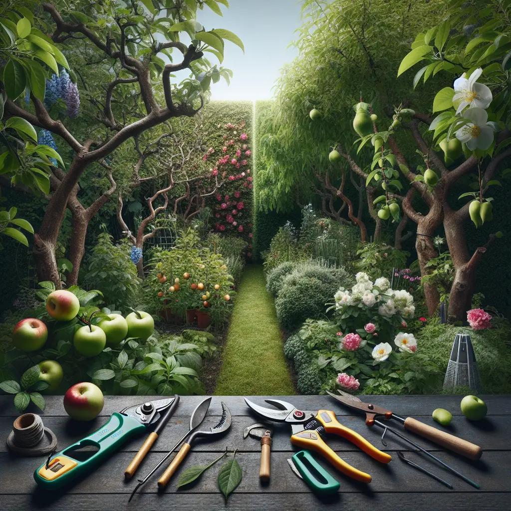 An image that encapsulates the principle of plant pruning for growth control. The scene features a healthy, lush garden with a distinct difference between a pruned and an un-pruned section. The pruned area contains fruit trees and blossoming plants, that are neat with well-spaced branches and vibrant, bountiful blooms. The un-pruned area is overgrown with wild plants, dense foliage, and a noticeable lack of fruits or flowers. In the foreground, gardener's tools like pruning shears and a pruning saw are laid out, with no human presence or any brand logos or text.