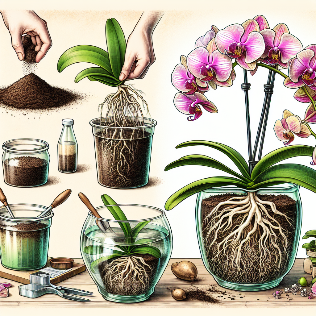 An illustration of a bright and healthy orchid with its roots exposed above the soil, during the process of repotting. It is being put into a larger, clear pot filled halfway with appropriate orchid soil, with items like fresh soil, a fertilizer and a watering can nearby. The colors are vibrant and truthful, and the whole setting is filled with a serene, peaceful atmosphere, reflecting the delicate and careful nature of the repotting process. Adjacent to this main scene, there is an illustration of an orchid in full bloom, showcasing the successful outcome of such meticulous care.