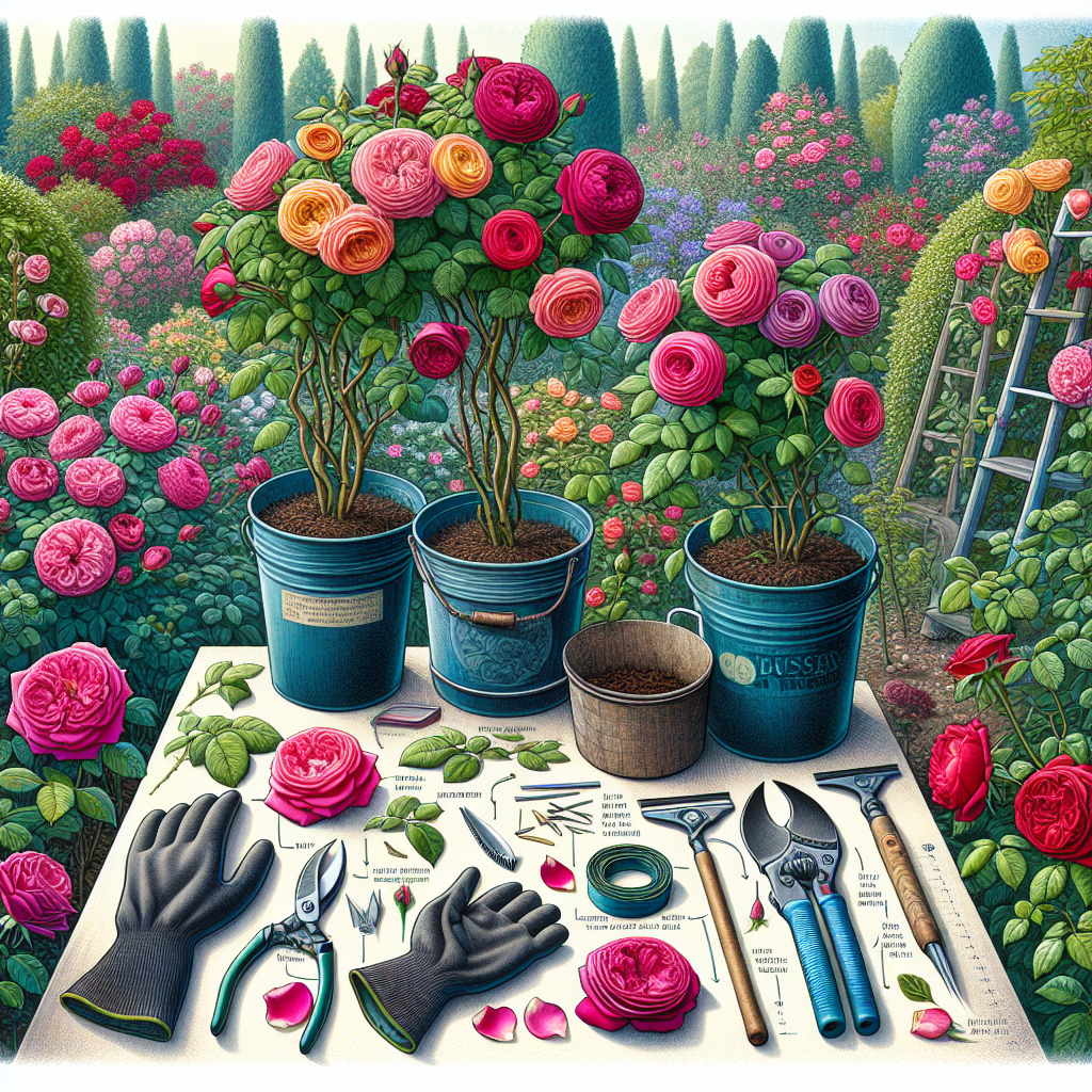 Illustration of a lush rose garden, with an emphasis on the pruning process. The scene depicts an array of different colored roses ranging from vibrant reds to bright pinks and deep purples. Tools like pruning shears, protective gloves, and a compost bin are laid out strategically. The detailing shows freshly pruned rose bushes, pointing out the cut location above the bud eyes and diagonal cuts. The visual focus is on the after-care, showcasing healthy, lush blooms and the rewarding outcome of careful pruning. There are no people, text, brand names, or logos present.